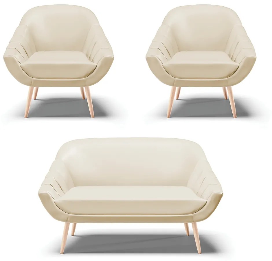 Kit 01 Namoradeira 02 Lugares e 02 Poltronas Giovana Corino Bege Pés Palito Natural - Indo Decorar