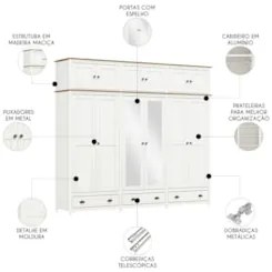 Guarda Roupa Casal 261cm Com Espelho Lázio Branco/Freijó F07 - Mpozena