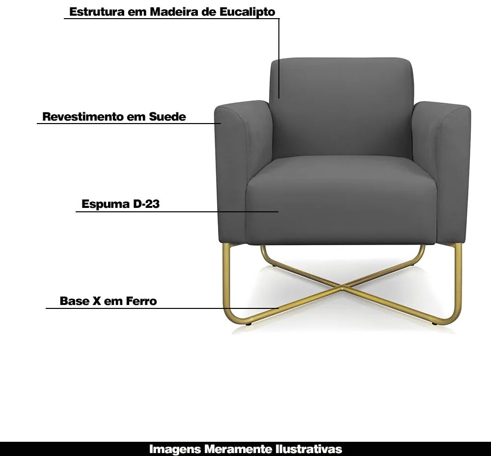 Kit 2 Poltronas Decorativas Isabella Base X Suede Grafite/Dourado G19 - Gran Belo