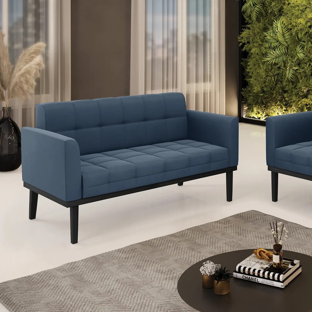Sofá Namoradeira 2 Lugares Base de Madeira Preto Elisa Suede D03 - D'Rossi - Azul Marinho