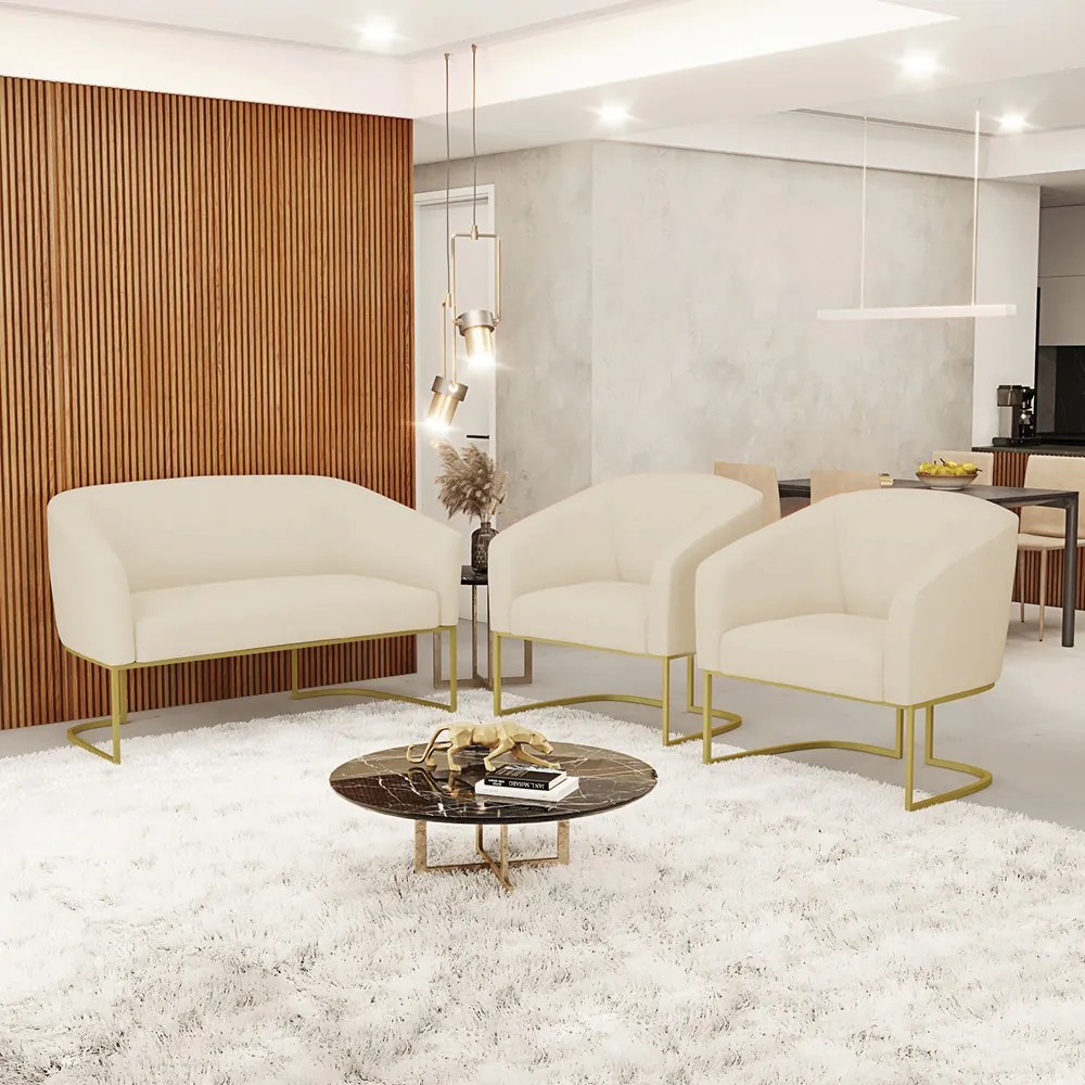 Namoradeira e 2 Poltronas Base Industrial Dourado Stella Linho D03 - D'Rossi - A19 Bege
