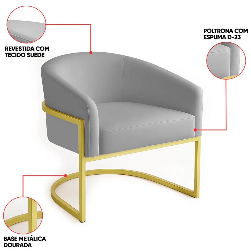 Poltrona Sala Decorativa Industrial Dourada Kit 2 Arielle Suede - Cinza
