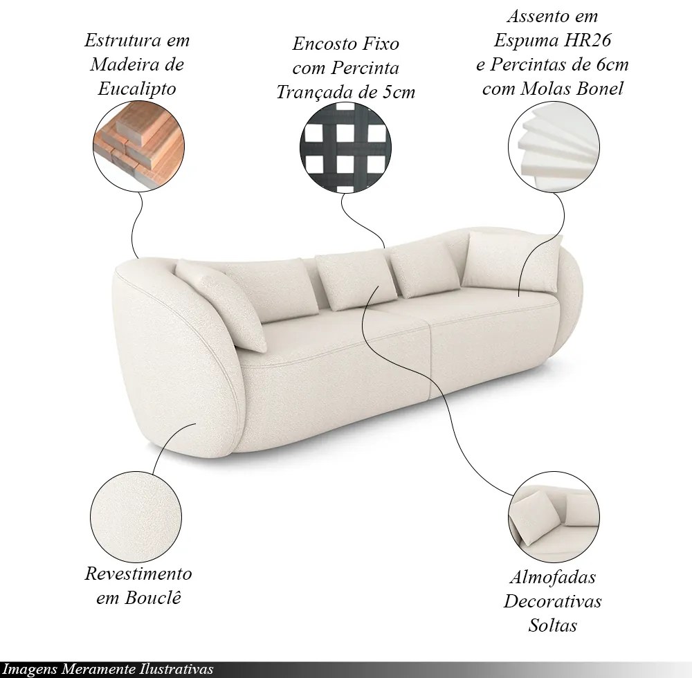 Sofá Bipartido Sala de Estar Diamond 232cm com Almofadas Soltas Bouclê Bege Claro G52 - Gran Belo