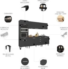 Armário de Cozinha Com Tampo CP05 260cm Pérola Preto Z34      - Mpozen
