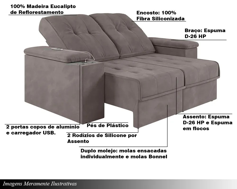 Sofá 4 Lugares 257cm Retrátil e Reclinável com 2 Porta Copos USB Calvin Veludo Avelã G46 - Gran Belo