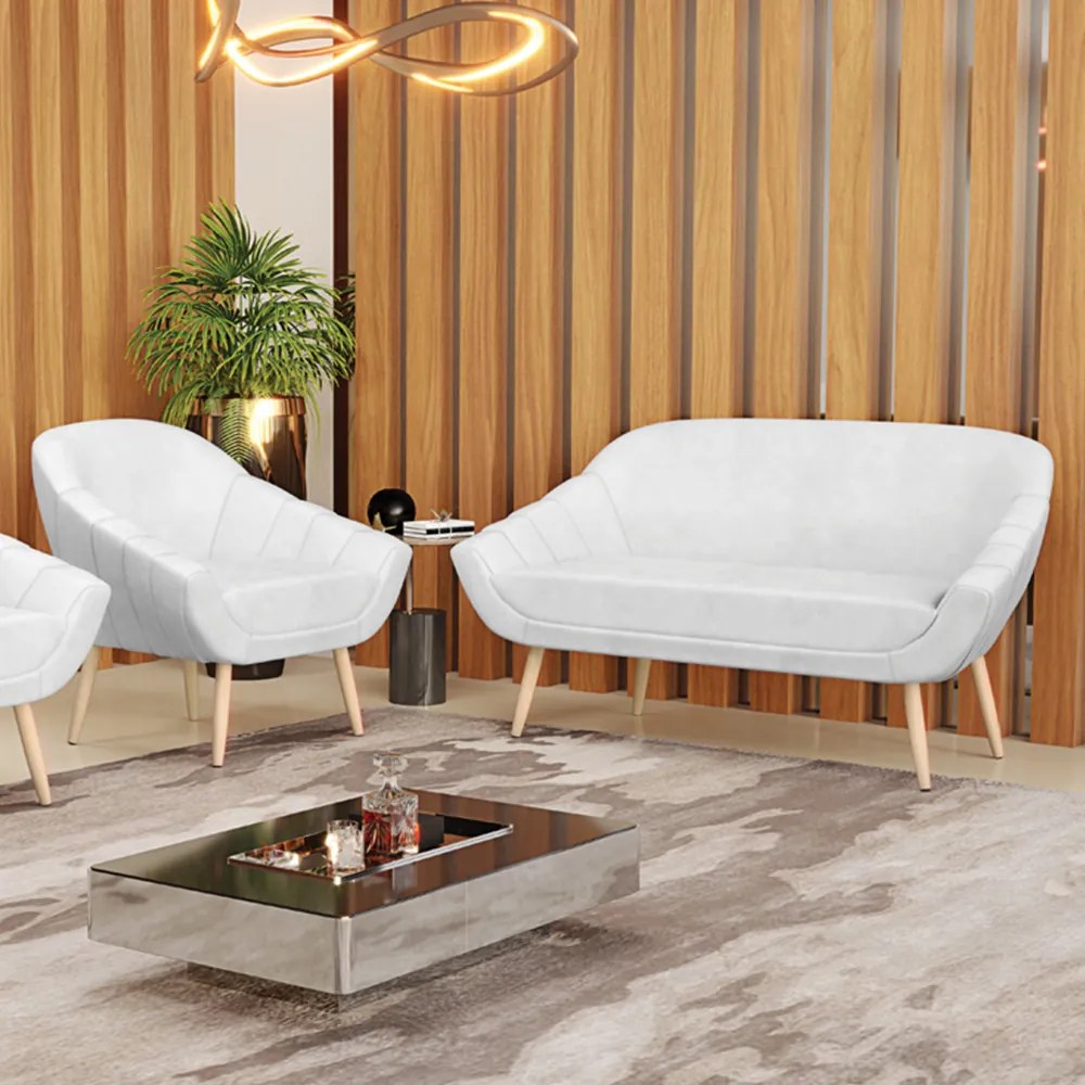 Kit 01 Namoradeira 02 Lugares e 01 Poltrona Giovana Corano Pés Palito Natural - Indo Decorar - Branco