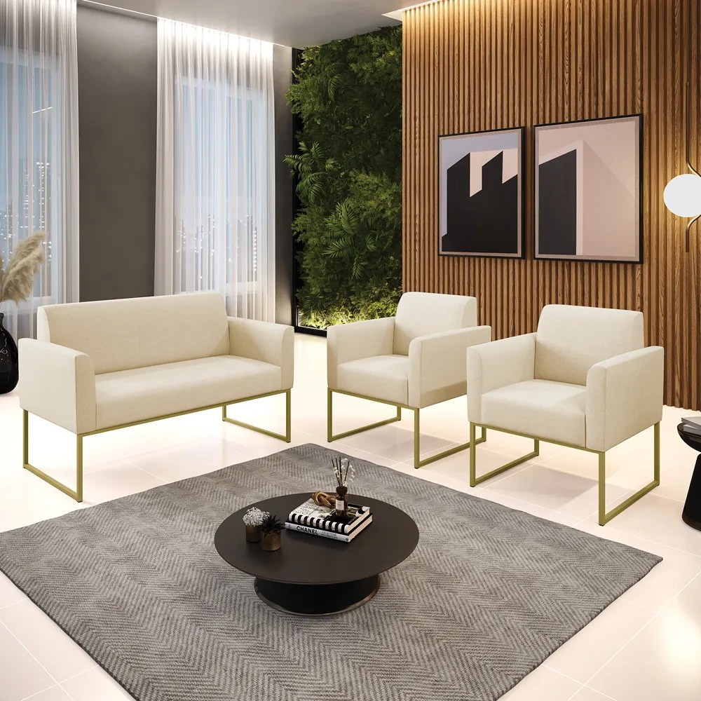 Sofá Namoradeira com 2 Poltronas Base Industrial Dourado Marisa Linho D03 - D'Rossi - A19 Bege