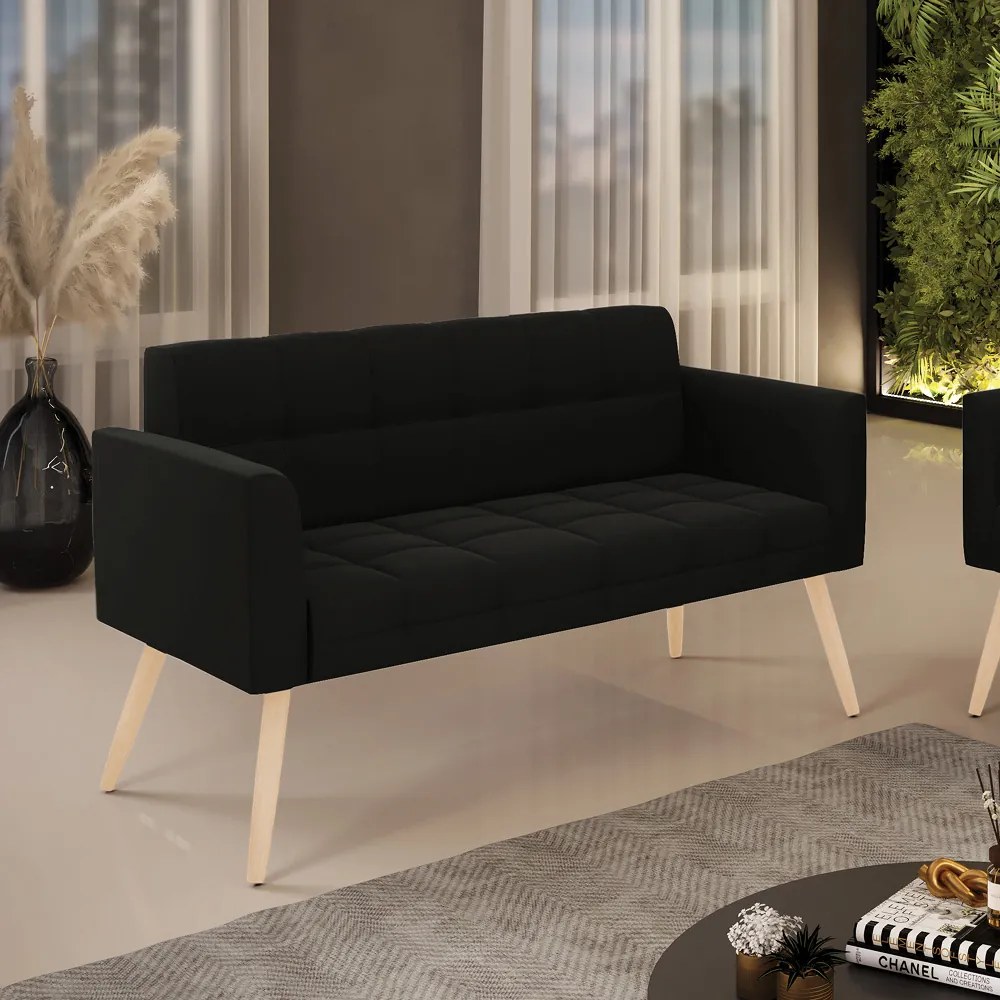 Sofá Namoradeira Elisa Suede Pés Palito Natural - D'Rossi - Preto
