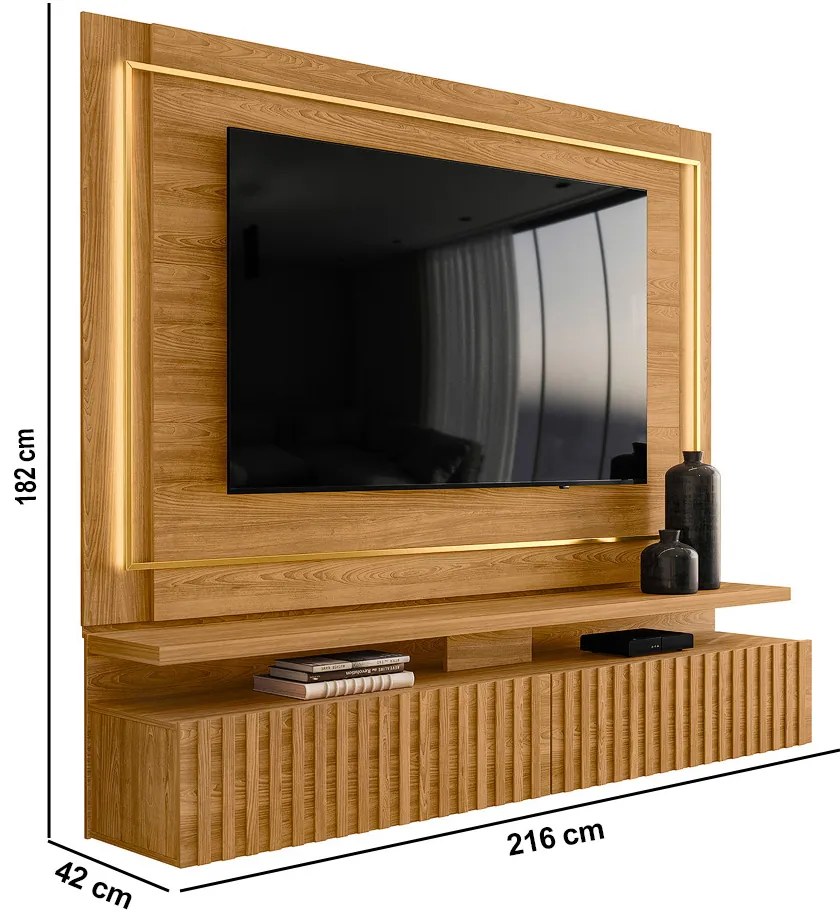 Painel TV 75 Pol 216cm Bancada Suspensa Ripado Lurian M20 - D'Rossi - Cumaru