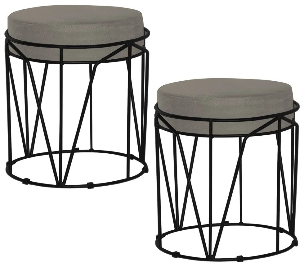 Kit 2 Puffs Decorativo Sala de Estar Base Preto Chloe Veludo Cinza G41 - Gran Belo