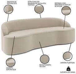 Sofá 5 Lugares para Sala de Estar Living 300cm Theo D06 Veludo Creme -