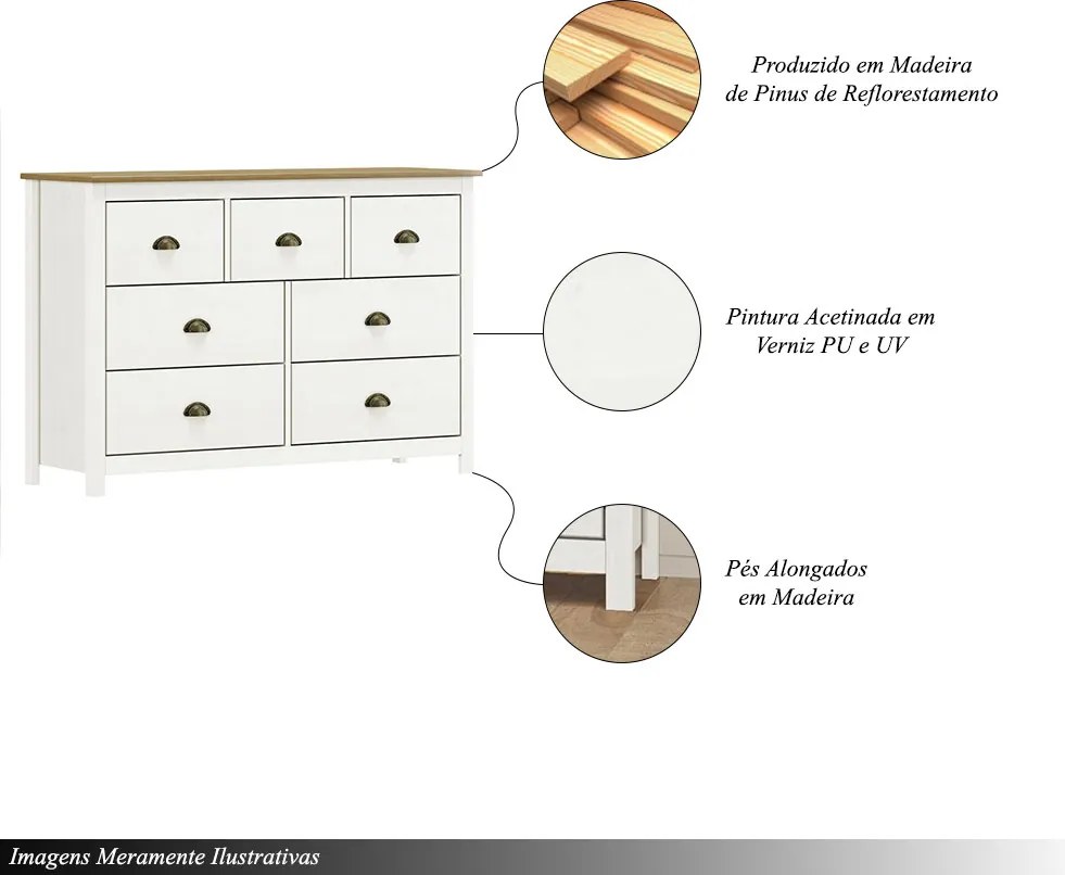 Cômoda Decorativa 7 Gavetas Madeira Maciça Osiris Branco/Freijó - G74 - Gran Belo