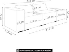 Sofá 5 Lugares 343cm Com Puff Direito Fay Veludo Bordo Z55 - Mpozenato