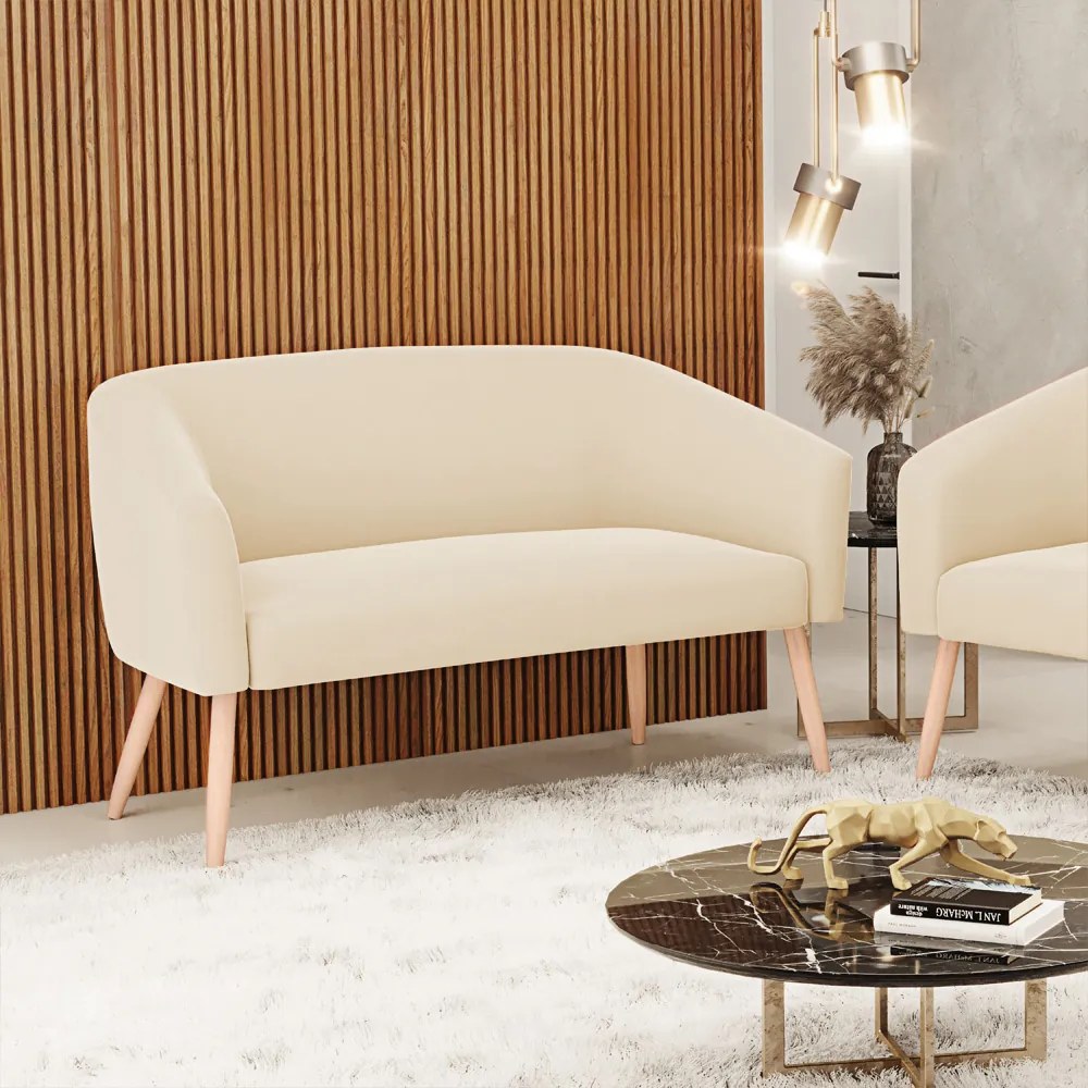 Namoradeira 02 Lugares Stella Suede Bege Pés Palito Natural D03 - D'Rossi