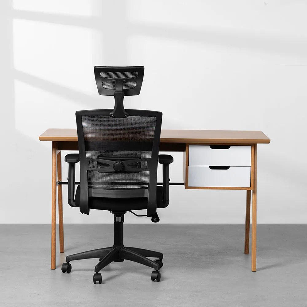 Conjunto Office - Escrivaninha Vintage 2 Gavetas 1,30m Freijó e Branco + Cadeira de Escritório Toledo Alta Preto