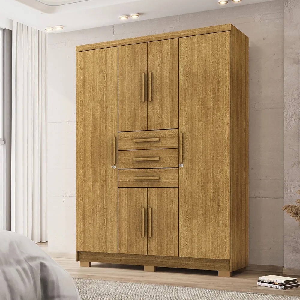 Guarda Roupa Casal Belga 6 Portas de Bater 3 Gavetas com Cabideiros Nature G98 - Gran Belo