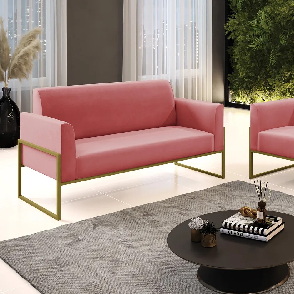 Sofá Namoradeira Base Industrial Alta Dourado Marisa Suede D03 - D'Rossi - Rose