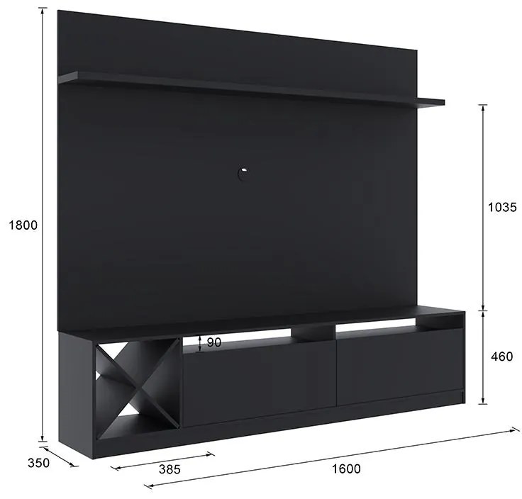 Painel Home Suspenso Sala Tv 2 Portas 5 Prateleiras Preto