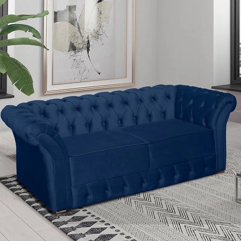Namoradeira Sofá 2 Lugares Chesterfield Capitonê 186cm Veludo Azul - Sheep Estofados - Azul escuro