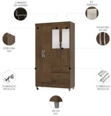 Guarda Roupa Solteiro 103cm Com Espelho Ideal Imbuia Rústico - Vila Ri