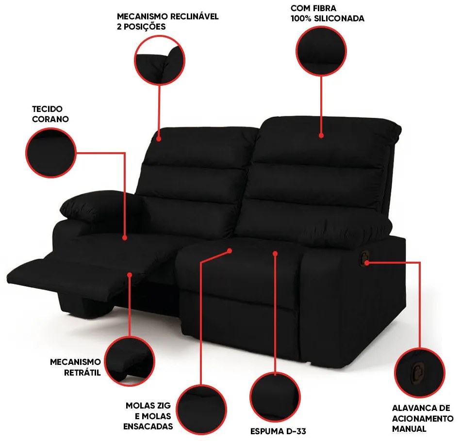 Sofá 2 Lugares Reclinável Retrátil 170cm Naaman Sintético PU Preto K01 - D'Rossi