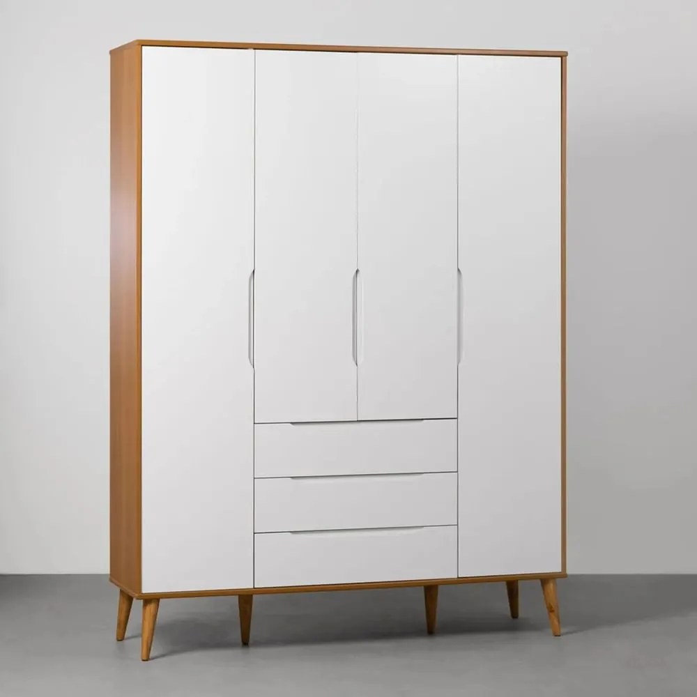 Guarda-Roupa Elfe 4 Portas e 3 Gavetas com Pés Retrô Mel – Branco Fosco e Savana