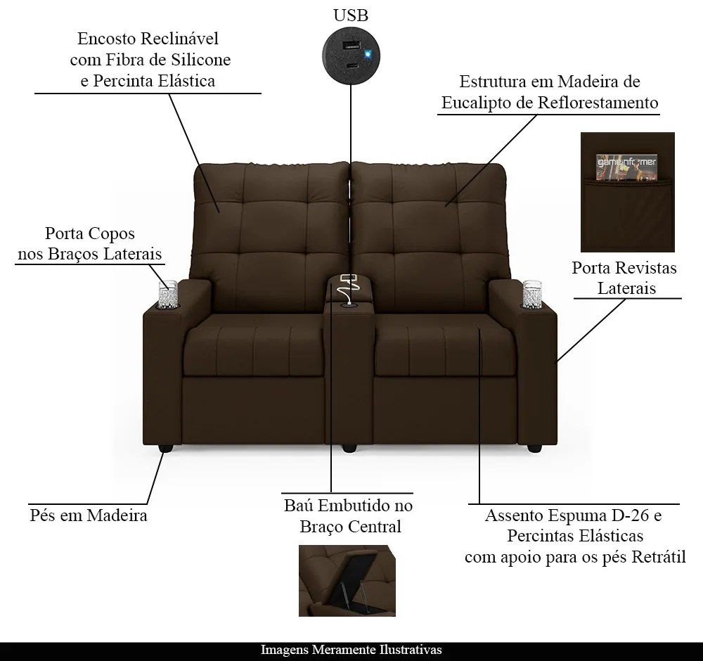 Poltrona do Papai Reclinável Sala de Cinema Movie 2 Lugares Manual Baú USB Veludo Marrom G23 - Gran Belo