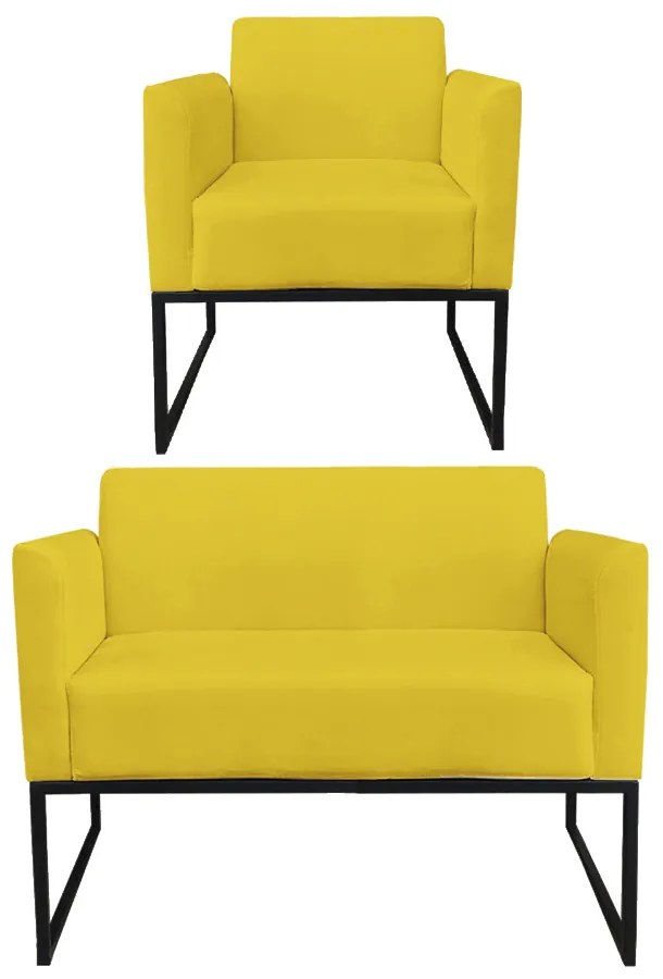 Sofá Namoradeira com Poltrona Base Industrial Preto Marisa Suede D03 - D'Rossi - Amarelo