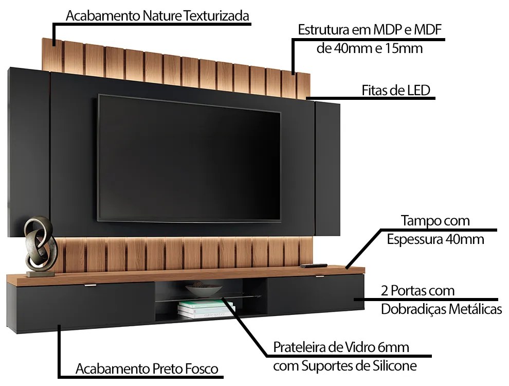 Painel Home Suspenso 2.2 para TV até 70 Sala de Estar Shawn Preto / Nature G26 - Gran Belo