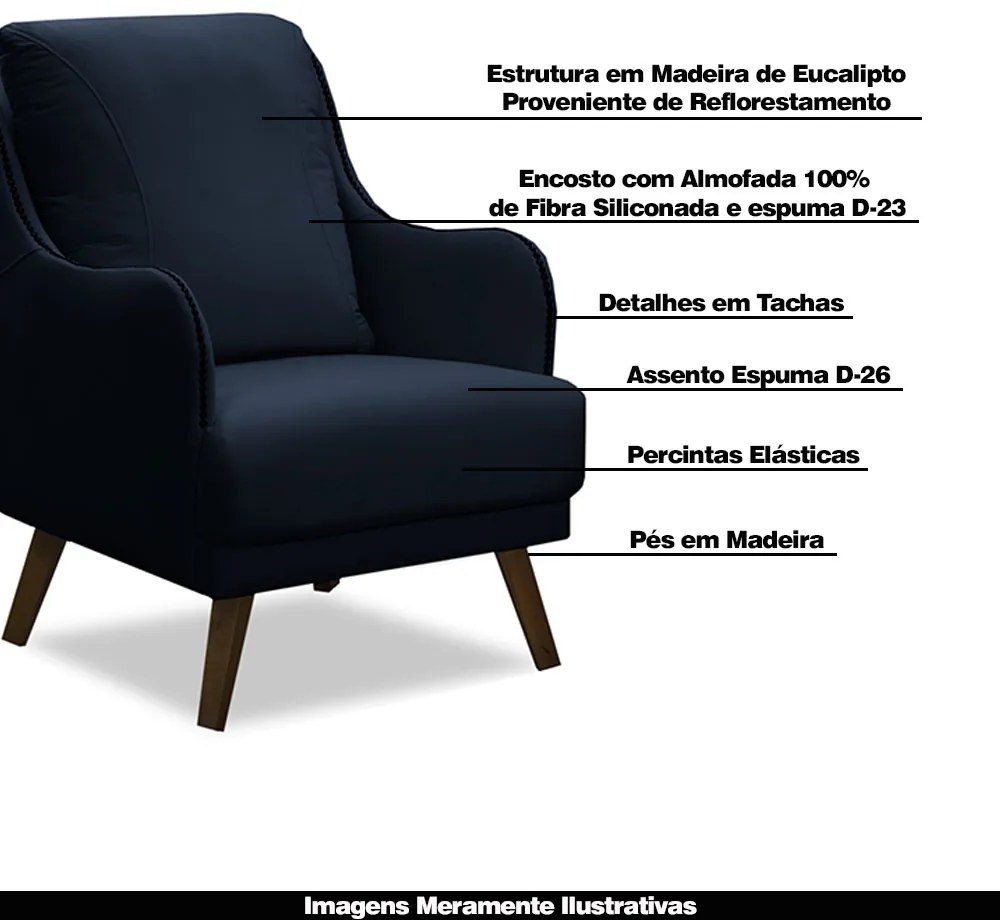 Poltrona Decorativa Catar com Tachas Veludo Azul Marinho G33 - Gran Belo