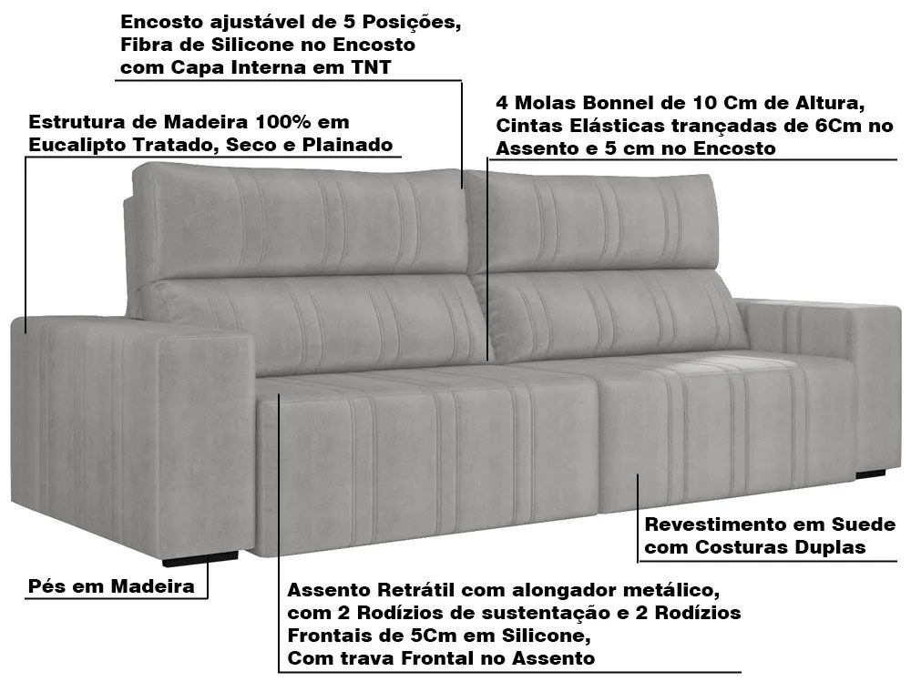 Sofá Retrátil 214 cm Sala de Estar Leonel Suede Cinza G52 - Gran Belo