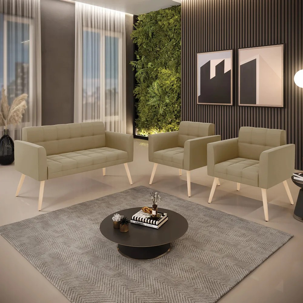 Kit 1 Sofá Namoradeira e 2 Poltronas Elisa Suede Marrom Rato Pés Palito Castanho - D'Rossi