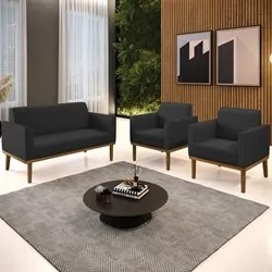 Sofá Namoradeira e 2 Poltronas Base Madeira Castanho Maressa Sintético
