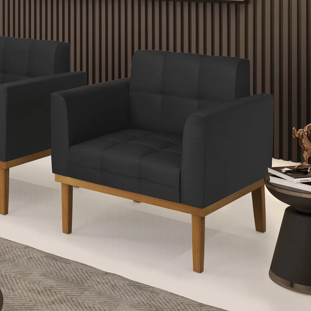 Poltrona Sala Decorativa Elisa Base de Madeira Castanho Sintético D03 - D'Rossi - Preto