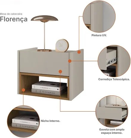 Mesa De Cabeceira Florença Off White/Cedro - Casa D Móveis