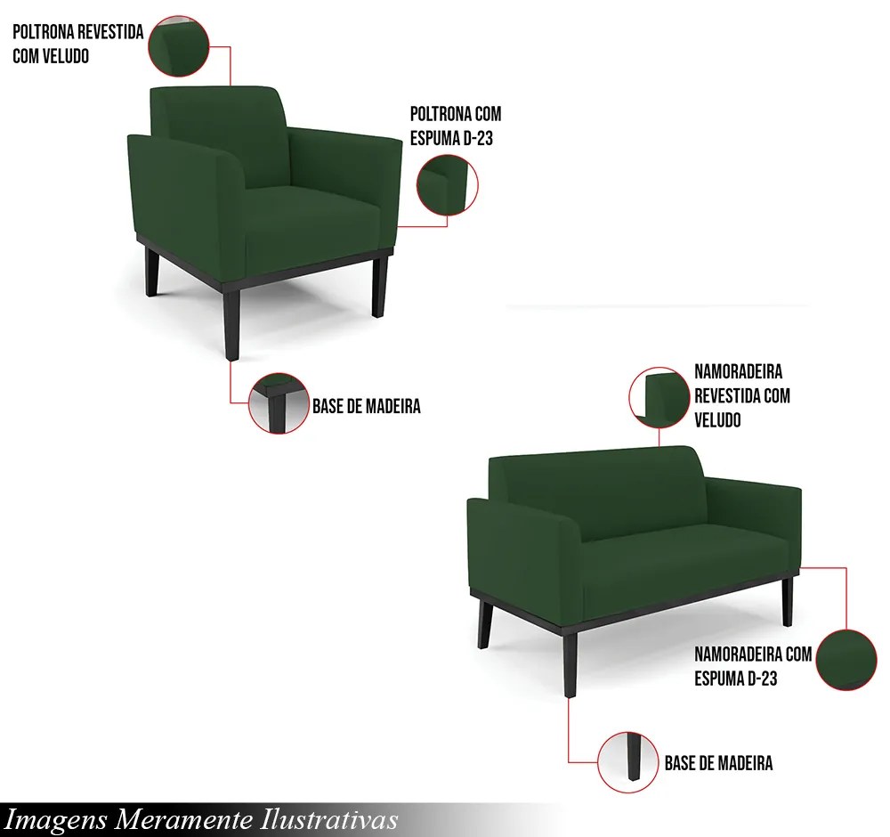 Conjunto Poltrona e Namoradeira Decorativa Isabella Pés Fixo em Madeira Preto Veludo Verde Esmeralda G19 - Gran Belo