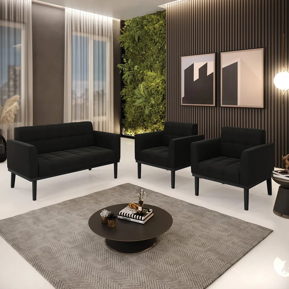 Sofá Namoradeira e 2 Poltronas Base de Madeira Preto Elisa Suede D03 - D'Rossi - Preto