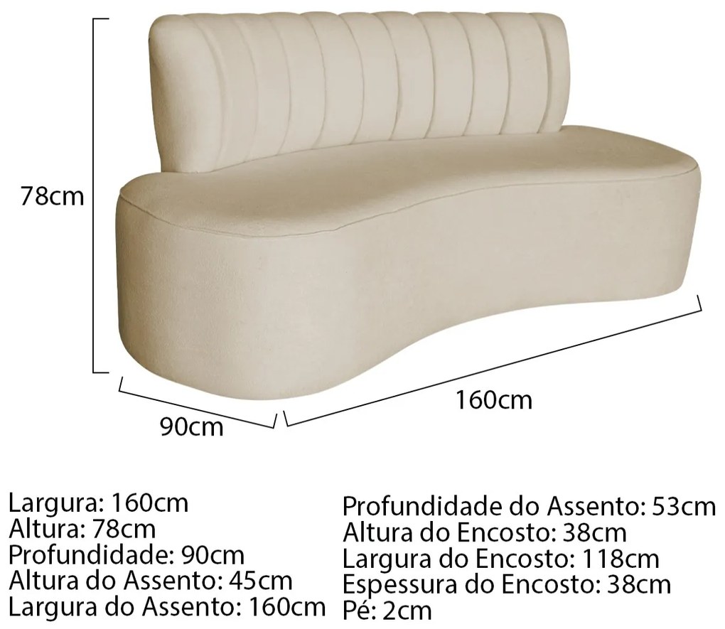 Sofá Curvo 2 Lugares Organico Sala Recepção Escritório Valência 160cm Linho
