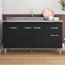 Balcão Gabinete Com Pia Inox 150cm 4 Portas e 1 Gaveta Gabriela Preto