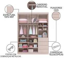Guarda Roupa Infantil 3 Portas e 4 Gavetas Pérola Rose - Phoenix