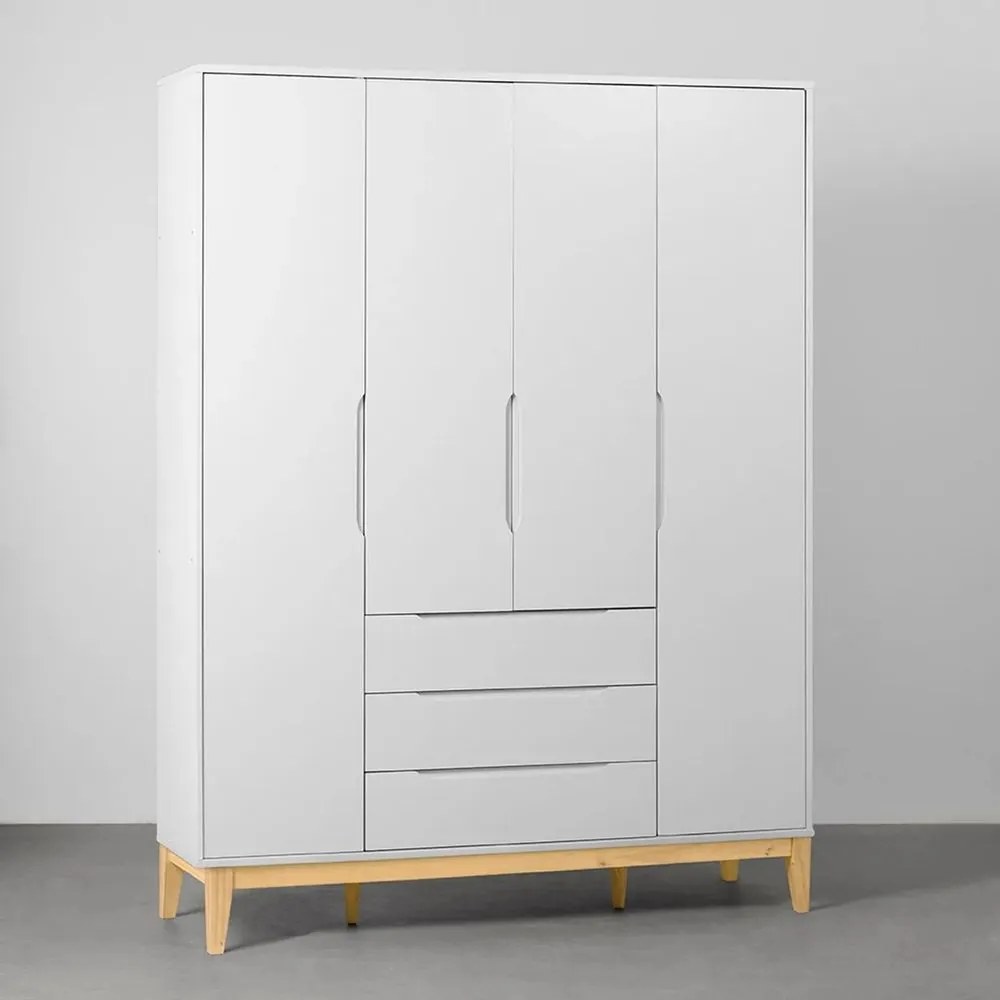Guarda-Roupa Elfe 4 Portas e 3 Gavetas com Pés Square Natural – Branco Fosco