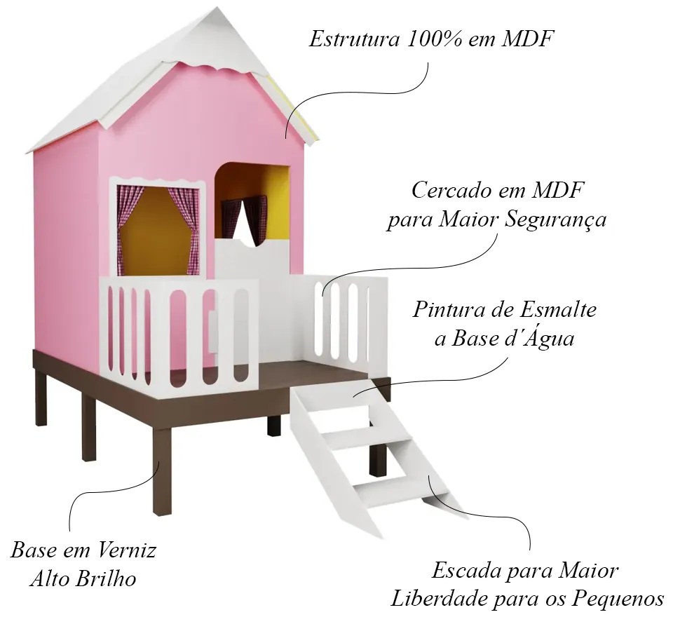 Casinha de Brinquedo Artesanal Rosa com Cercado e Escada Telhado Branco L12 - Gran Belo