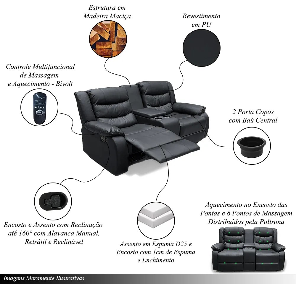 Sofá Reclinável Sala de Cinema 2 Lugares Massagem Aquecimento Hollywood Manual Porta Copos Baú Central PU Preto G94 - Gran Belo