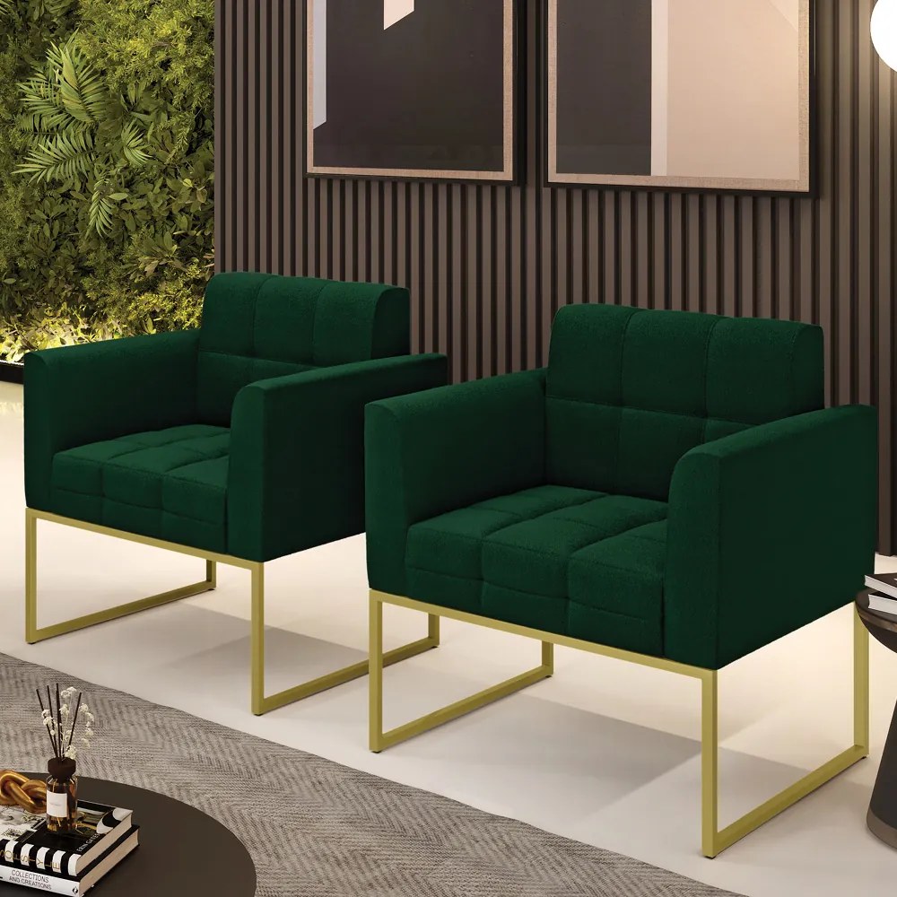 Poltrona Decorativa Industrial Dourado Kit 2 Elisa Bouclê D03 - D'Rossi  - Verde