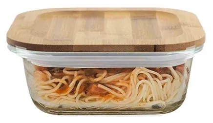 Pote de vidro com tampa de bambu - 320 ml Quadrado achatado