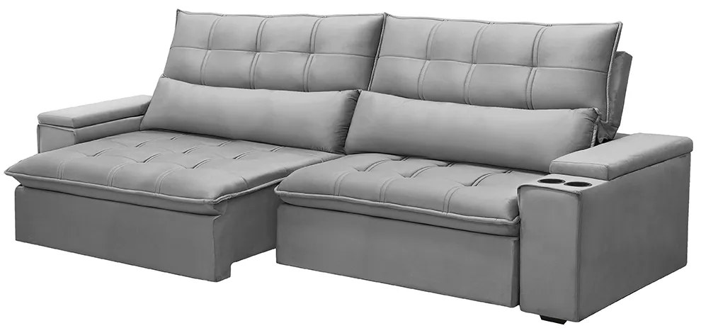 Sofá Retrátil e Reclinável 4 Lugares 250cm Robem Porta Copos no Braço Veludo Cinza G22 - Gran Belo