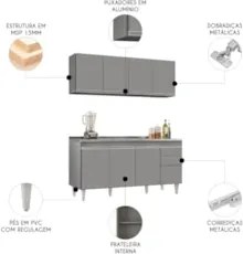 Armário Cozinha e Balcão Com Pia 160cm Arkansas Cinza       - Lumil