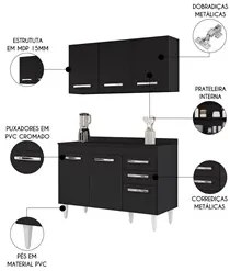 Armário Aéreo Honduras e Balcão Gabinete com Tampo 120cm Suécia Preto