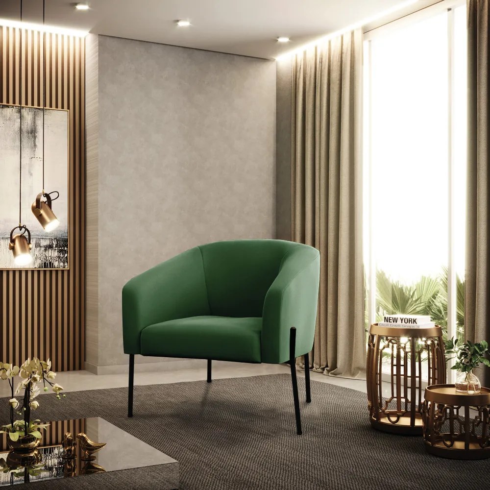 Poltrona Sala Decorativa Pé de Ferro Preto Kit 2 Stella Suede D03 - D'Rossi - Verde