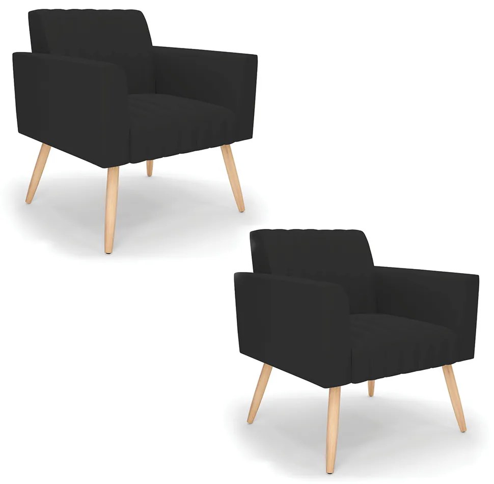 Kit 2 Poltronas Viena Gomada Veludo Preto Pés Palito Natural - D'Rossi